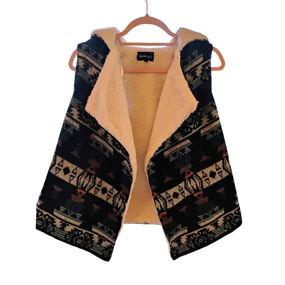 TAKARA GIRLS L Aztec Sherpa Vest Sleeveless Duster Jacket Open Front‎ Boho Cozy
